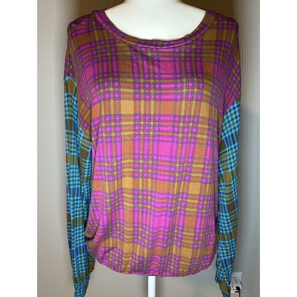 HONEYDEW Plaid Print Long Sleeve Women’s Top Soft & Stretchy Rayon/Spandex Large